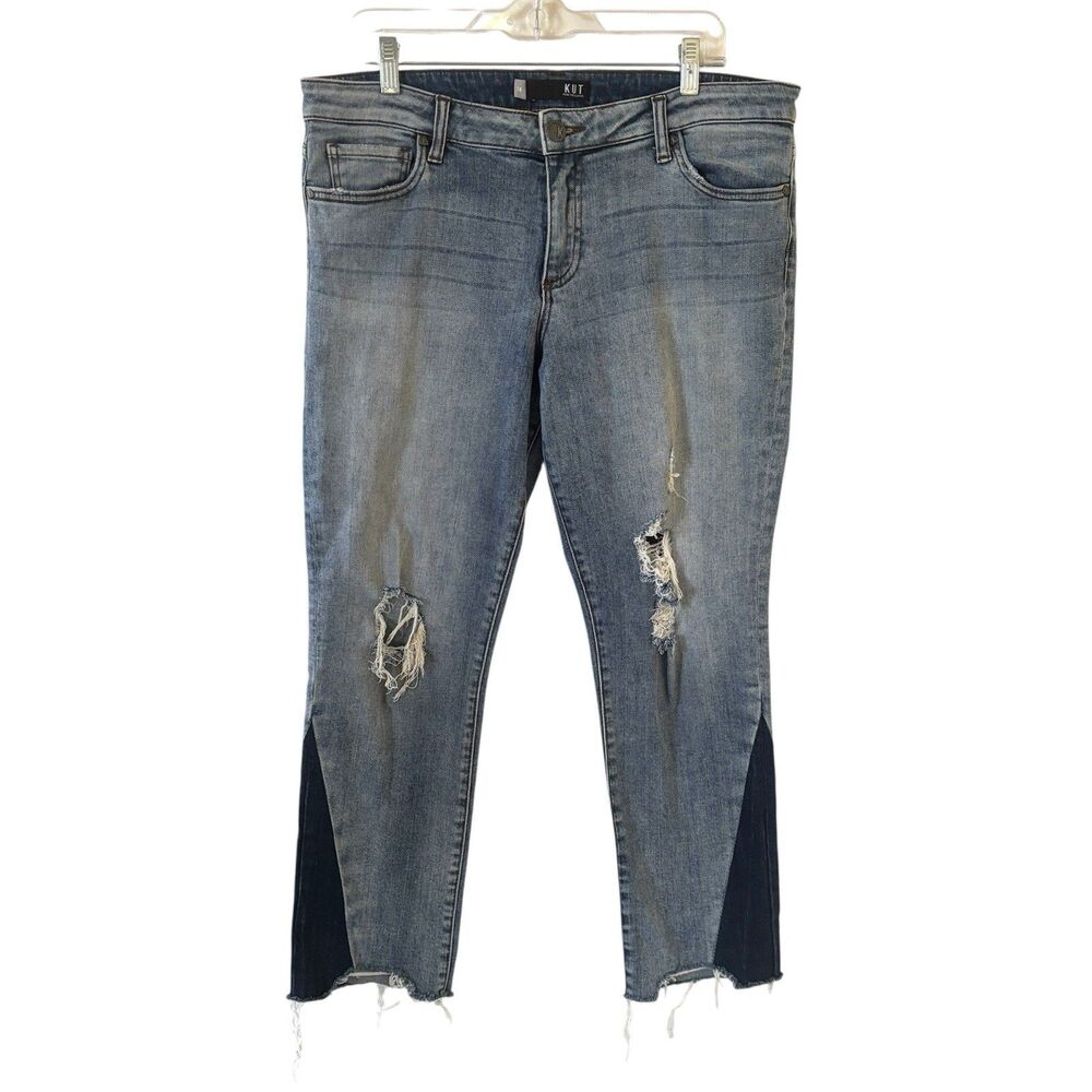 Kut from The Kloth Womens Reese Ankle Straight Leg 14 Ripped College Preppy Logo